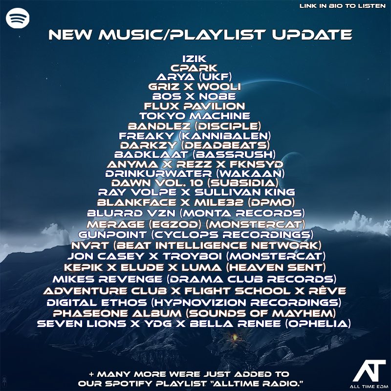 New Music Friday! 🎶

<a href="/bandlez/">Bandlez</a> 
<a href="/BadKlaat/">BadKlaat</a> 
<a href="/Darkzyuk/">darkz</a> 
<a href="/nvrtmusic/">NVRT</a> 
<a href="/egzodmusic/">Egzod</a> 
<a href="/Fluxpavilion/">fluxpavilion.wav</a> 
<a href="/freaky_music/">FREAKY 🥛</a> 
<a href="/whoisCPARK/">⛓️CPARK⛓️</a> 
<a href="/PhaseOneAU/">PhaseOne</a> 
<a href="/SuperFutureDJ/">𝖘𝖚𝖕𝖊𝖗💎𝖋𝖚𝖙𝖚𝖗𝖊</a> 
<a href="/gunpointmusic/">Gunpoint</a> 
<a href="/_blurrdvznmusic/">boujee vatos 🦋</a> 
<a href="/_DIGITALETHOS/">DIGITAL ETHOS</a> 
<a href="/_bosmusic/">BOS 🐻</a> x Nobe
<a href="/Griz/">GRiZ 🌈</a> x <a href="/woolimusic/">🦣 WOOLI 🦣</a> 
<a href="/ITSDRINKURWATER/">DRINKURWATER</a> 
<a href="/rayvolpe/">ray volpe</a> x