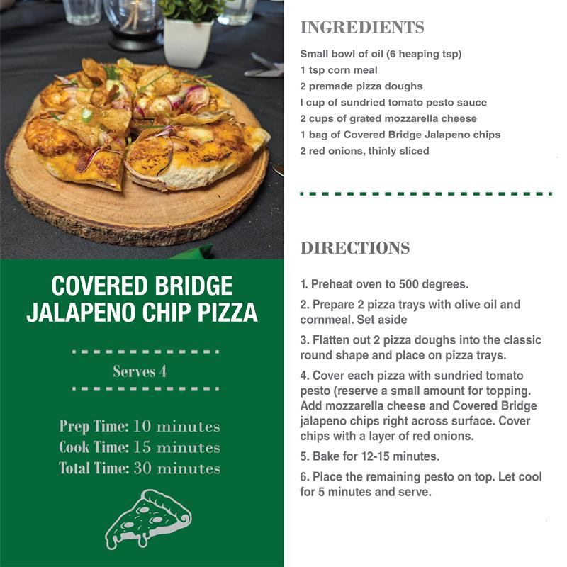 CBchips's tweet photo. Friday night pizza night 🍕🔥
Our Blazing Jalapeño Chip Pizza brings the heat with sundried tomato pesto, mozzarella, red onions, and a layer of Covered Bridge Jalapeño Chips baked right on top. Spicy, crunchy, and totally addictive. 👌🏼
#CBCooks #CoveredBridgeChips https://t.co/7Q8HlZdEeM