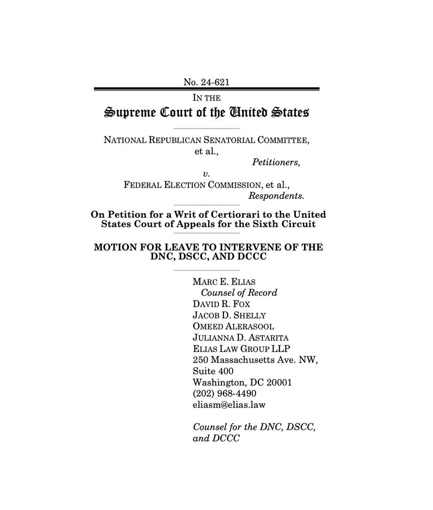 Elias Law Group (@eliaslawgroup) on Twitter photo NEWS: Earlier today, <a href="/EliasLawGroup/">Elias Law Group</a> attorneys representing the DNC, DSCC, and DCCC filed a motion to intervene in a GOP lawsuit to protect campaign finance laws from Republican attacks. NEWS: Earlier today, <a href="/EliasLawGroup/">Elias Law Group</a> attorneys representing the DNC, DSCC, and DCCC filed a motion to intervene in a GOP lawsuit to protect campaign finance laws from Republican attacks.