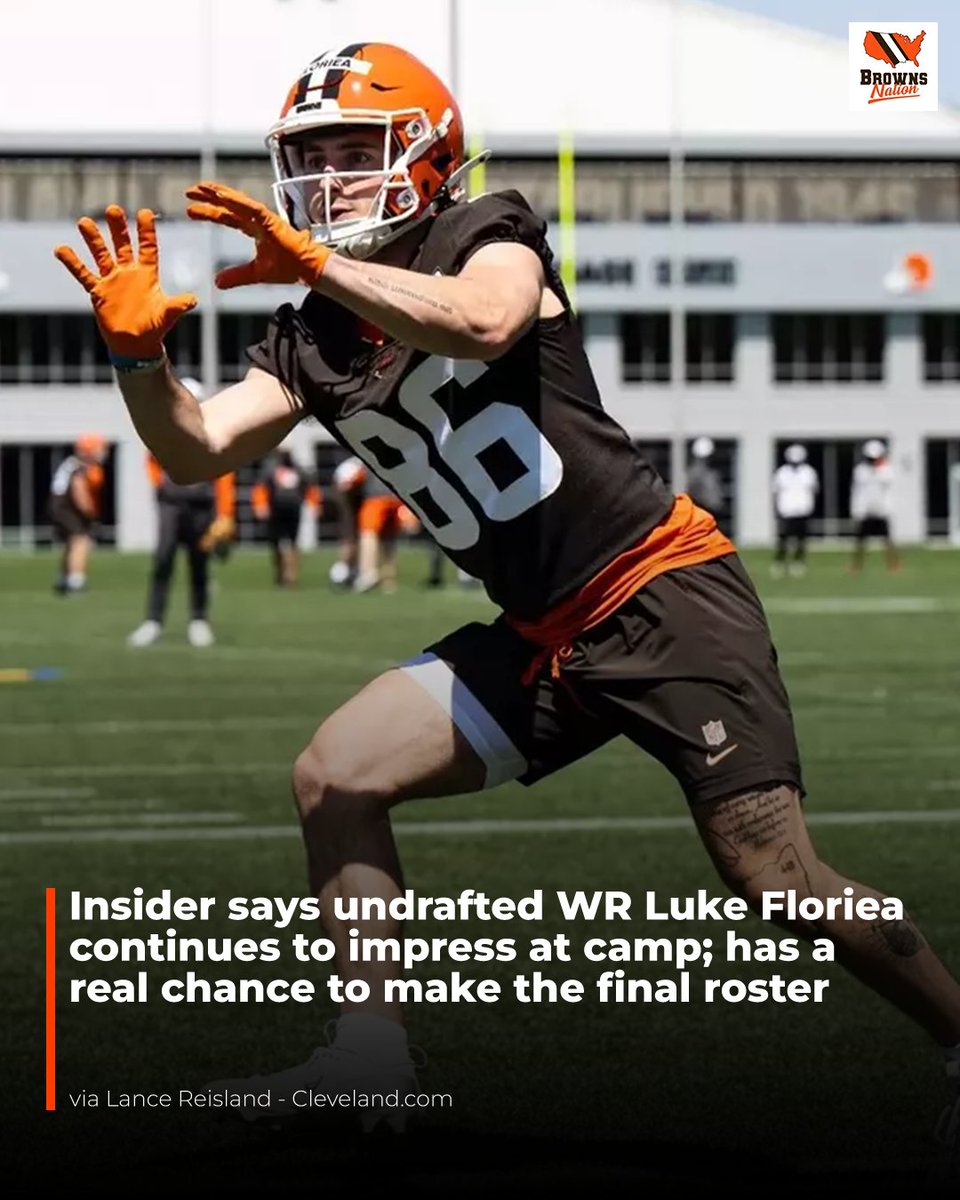 BrownsNationcom's tweet photo. “Luke Floriea continues to impress in the slot. Gives the Browns a different type of receiver. Has a real chance to make this team,” Lance Reisland of https://t.co/czuRMJwHvZ wrote in a post on X. https://t.co/rzicw9vDDd