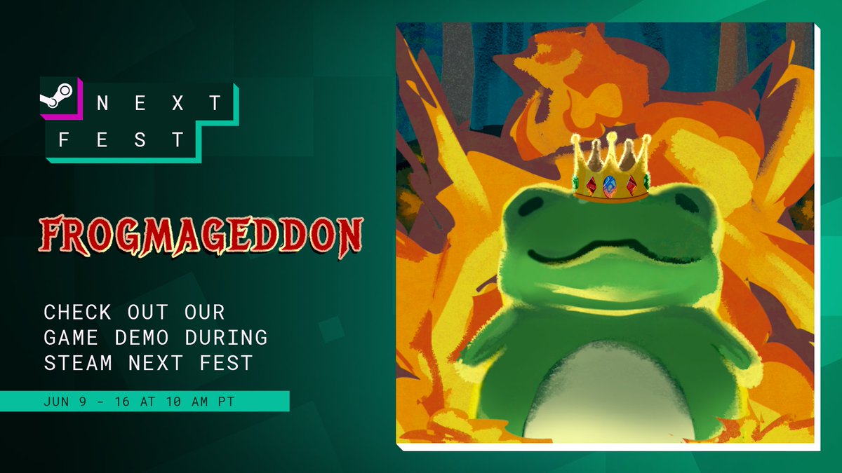Frog out during Steam Next Fest with FROGMAGEDDON June 9th-16th. We will have a demo available (shhh it's out now) and may even sneak a developer stream. Please check our demo out, engage in the Steam discussions, and wishlist! #SteamNextFest #frogs 

store.steampowered.com/app/3201190/Fr…