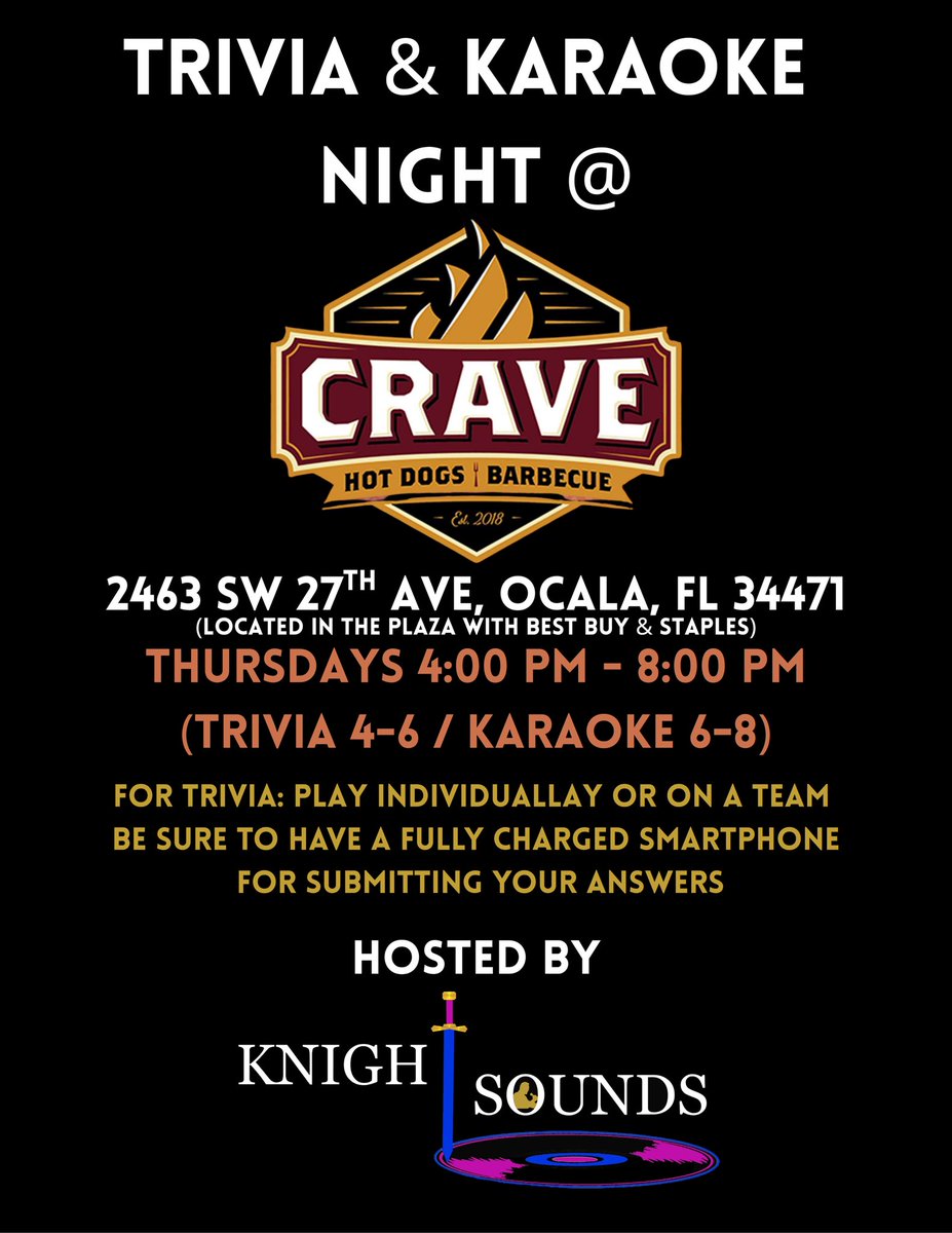 KnightSounds's tweet photo. BIG ANNOUNCEMENT:  Starting Thursday, June 5 at 4:00 pm, we will be hosting Trivia &amp; Karaoke every Thursday at Crave Hot Dogs &amp; BBQ!  Trivia will be at 4:00 pm, and karaoke will immediately follow the Trivia Game! https://t.co/MOQPR2oSzj
