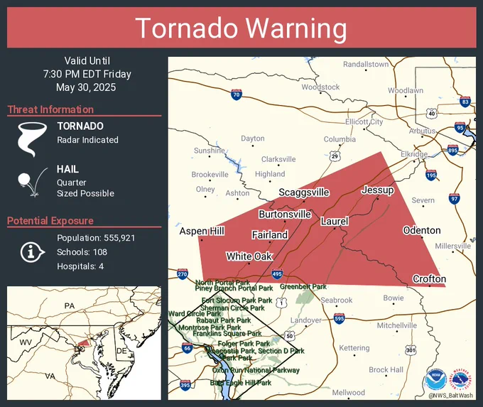 This graphic displays a tornado warning plotted on a map. The warning is in effect until 7:30 PM EDT. The warning includes Aspen Hill MD, Odenton MD and Crofton MD. This warning is for Northwestern Anne Arundel County in central Maryland, Southeastern Howard County in central Maryland, Southeastern Montgomery County in central Maryland and Northeastern Prince Georges County in central Maryland. The threats associated with this warning are a radar indicated tornado and quarter sized hail. There are 555,921 people in the warning along with 108 schools and 4 hospitals.
