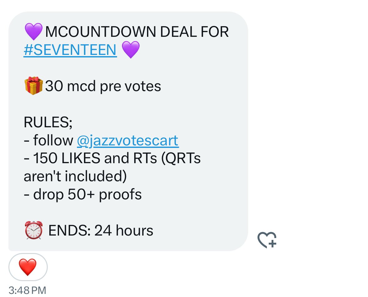 💜MCOUNTDOWN DEAL FOR #SEVENTEEN 💜

🎁30 mcd pre votes

RULES;
- follow <a href="/jazzvotescart/">SELLING KPOP VOTES</a> 
- 150 LIKES and RTs (QRTs aren't included)
- drop 50+ proofs

⏰ ENDS: 24 hours
