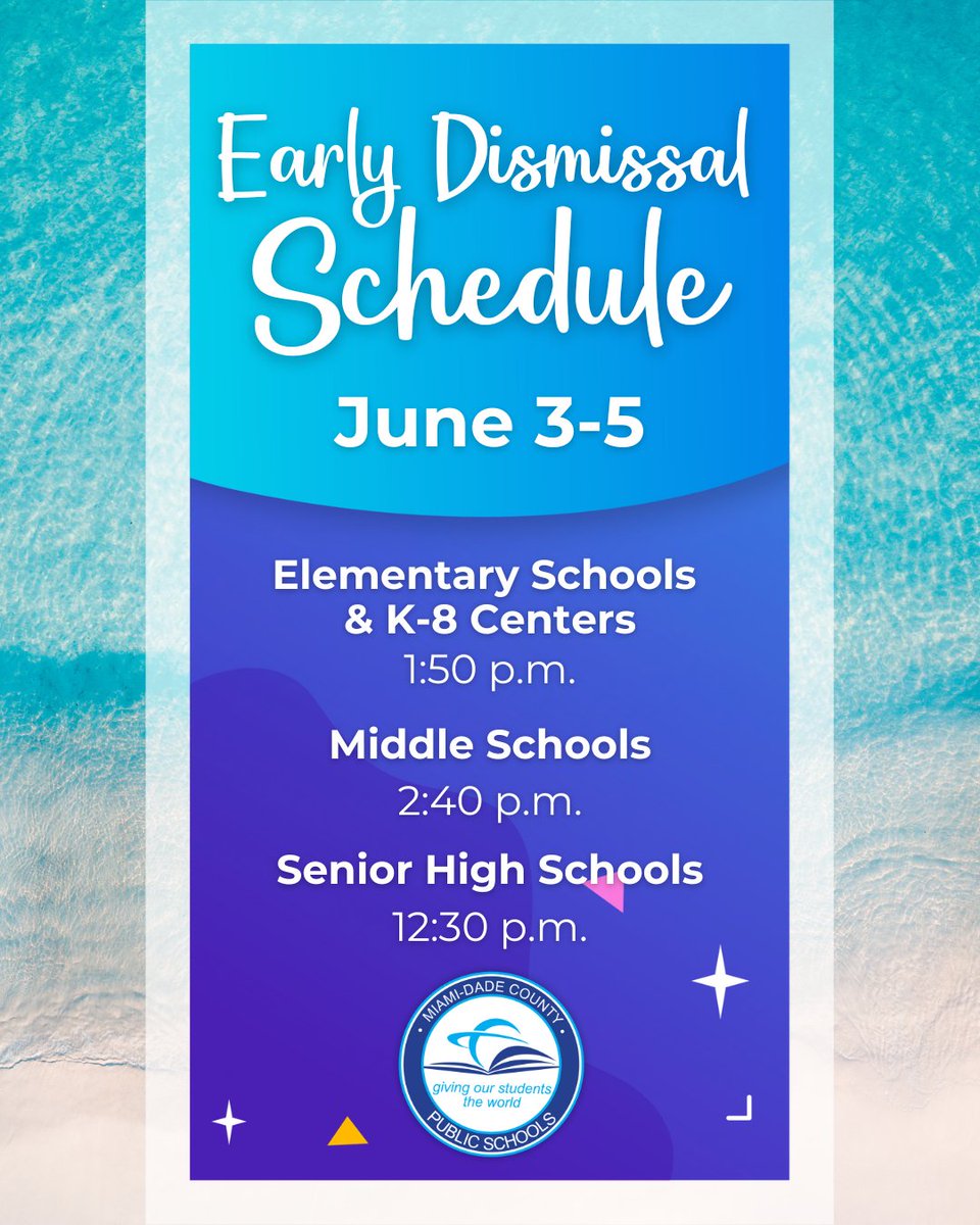 We will be closing out the 2024-2025 school year on Thursday, June 5. 

On June 3, 4, 5, dismissal times are as follows:
Elementary Schools and K-8 Centers at 1:50 p.m.
Middle Schools at 2:40 p.m.
Senior High Schools at 12:30 p.m.

Read more: bit.ly/43naYqr