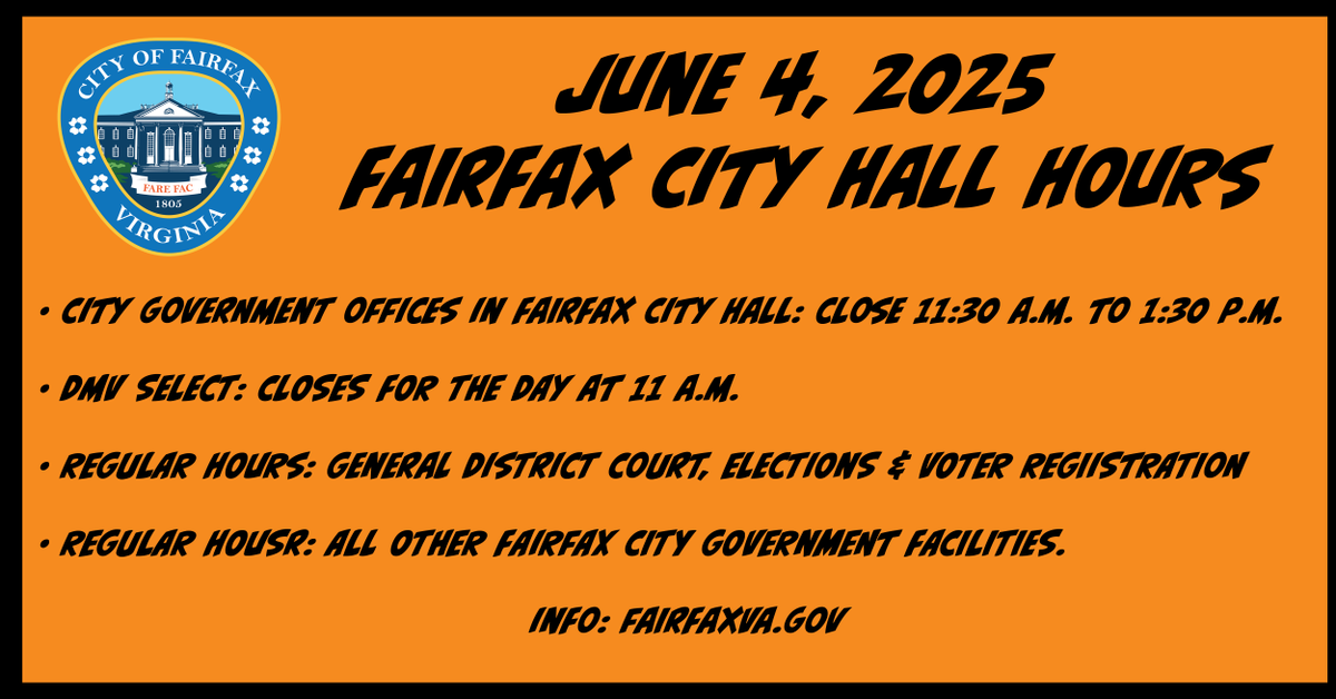 Mark your calendars, #FairfaxCity!

On Wednesday, June 4: 
- City Hall offices will close from 11:30 a.m. to 1:30 p.m. 
- DMV Select will close at 11 a.m. for the day,.

All other facilities will have regular hours &amp; services. Info: fairfaxva.gov