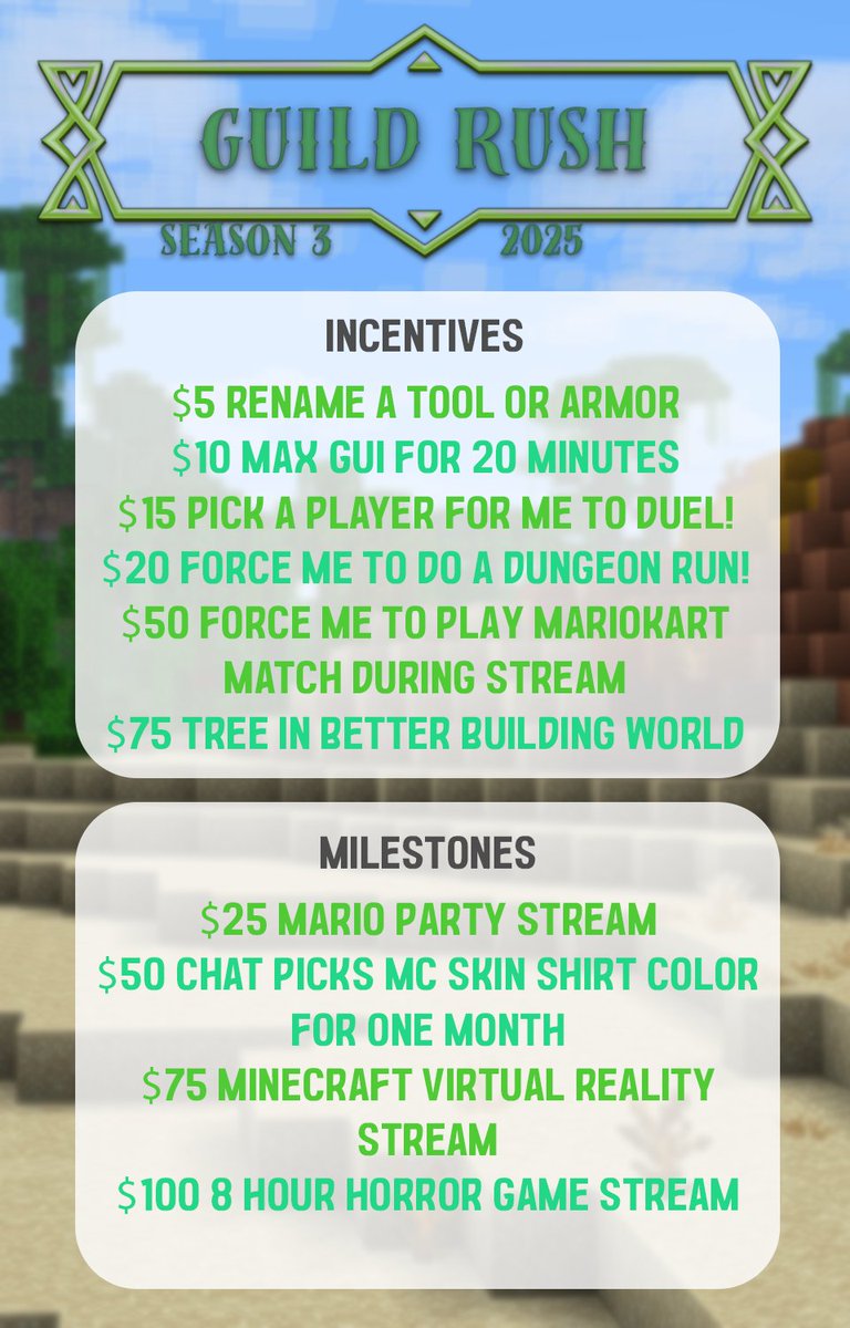 Hey Guys!!  With Guild Rush starting tomorrow here is the Incentives and Milestones that we will be doing!

Guild Rush Season Three starts @ 11AM EST tomorrow 5/31!! Be there for be square!!  

We will be playing on "The Choir of Creepers" team!! Don't Miss out!! Let's Go!!