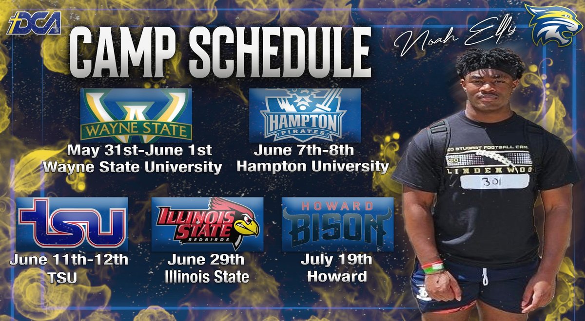 Noah Ellis (@noah_tjellis) on Twitter photo Thank you to all the coaches who have shown interest. Here is my 2025 Camp schedule
<a href="/NatlPlaymkrsAca/">NatlPlaymkersAcademy</a> <a href="/BuckFitz/">NPA/SUPERMAX 100</a> <a href="/DCA_strength/">DCA Strength</a> <a href="/CSmithScout/">Chris Smith</a> <a href="/sixstarfootball/">Six Star Football | PLUS+</a> <a href="/PrepRedzoneTN/">Prep Redzone Tennessee</a> <a href="/BallHawkU/">BallHawkU 🏈🦅</a> <a href="/PrepRedzoneIL/">Prep Redzone Illinois</a> <a href="/CoachSChambliss/">Stephon Chambliss M.Ed., CSCS</a> <a href="/BeGreatAthletic/">Be Great Athletics</a> <a href="/CoachKPankey/">Coach K Pankey</a> <a href="/MglTraining/">MGL TRAINING</a> <a href="/DarrellWyke75/">Darrell Wyke</a> Thank you to all the coaches who have shown interest. Here is my 2025 Camp schedule
<a href="/NatlPlaymkrsAca/">NatlPlaymkersAcademy</a> <a href="/BuckFitz/">NPA/SUPERMAX 100</a> <a href="/DCA_strength/">DCA Strength</a> <a href="/CSmithScout/">Chris Smith</a> <a href="/sixstarfootball/">Six Star Football | PLUS+</a> <a href="/PrepRedzoneTN/">Prep Redzone Tennessee</a> <a href="/BallHawkU/">BallHawkU 🏈🦅</a> <a href="/PrepRedzoneIL/">Prep Redzone Illinois</a> <a href="/CoachSChambliss/">Stephon Chambliss M.Ed., CSCS</a> <a href="/BeGreatAthletic/">Be Great Athletics</a> <a href="/CoachKPankey/">Coach K Pankey</a> <a href="/MglTraining/">MGL TRAINING</a> <a href="/DarrellWyke75/">Darrell Wyke</a>
