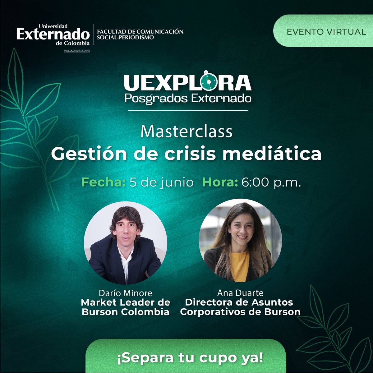 U.Externado (@uexternado) on Twitter photo Aprende a identificar riesgos en comunicación, actuar rápido y proteger tu reputación en momentos críticos en la Masterclass 'Gestión de crisis mediática' de <a href="/ComExternado/">Comunicación Social - Periodismo - U Externado</a>. 🎙️✍️
¡Añádelo a tu calendario!
🔗uexternado.edu.co/evento/comunic… Aprende a identificar riesgos en comunicación, actuar rápido y proteger tu reputación en momentos críticos en la Masterclass 'Gestión de crisis mediática' de <a href="/ComExternado/">Comunicación Social - Periodismo - U Externado</a>. 🎙️✍️
¡Añádelo a tu calendario!
🔗uexternado.edu.co/evento/comunic…
