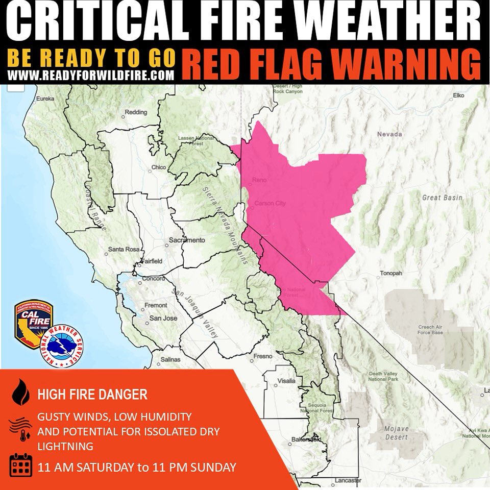 CAL FIRE (@cal_fire) on Twitter photo 🚩 Red Flag Warning in Effect 🚩
The <a href="/NWS/">National Weather Service</a> has issued a #RedFlagWarning from 11 AM Saturday to 11 PM Sunday for Mono County, far Southern Lassen County, and Eastern Alpine County. This alert is due to gusty southwest winds (30–40 mph, gusts to 50 mph), low humidity, and the 🚩 Red Flag Warning in Effect 🚩
The <a href="/NWS/">National Weather Service</a> has issued a #RedFlagWarning from 11 AM Saturday to 11 PM Sunday for Mono County, far Southern Lassen County, and Eastern Alpine County. This alert is due to gusty southwest winds (30–40 mph, gusts to 50 mph), low humidity, and the