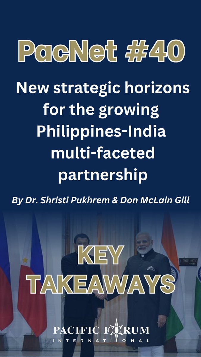 PacificForum's tweet photo. ๐ #India ๐ฎ๐ณ x #Philippines ๐ต๐ญ โ Strategic ties on the rise.
In #PacNet 40, Dr Shristi Pukhrem (@indfoundation) & @DonMcLainGill95 (@DLSUManila) explore the evolving India-Philippines partnership, from #defense to #digital:
https://t.co/XP85KUsq5K
#PacificForum https://t.co/N2K0wGN5VQ