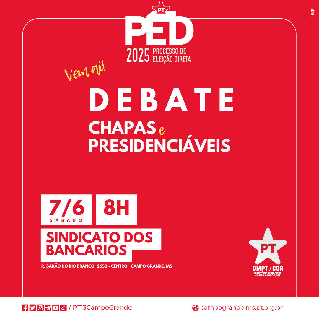 O Partido dos Trabalhadores está em processo eleitoral. Neste ano vamos renovar nossos dirigentes. 

E para ajudar nossos filiados a escolher, vem aí o debate entre Chapas e Presidenciáveis. Prepare sua bandeira e sua carteirinha de filiado.