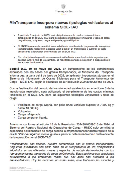 Oficial_ATC's tweet photo. #ATENCION_CAMIONEROS
El @MinTransporteCo comunica que a partir del 3 de junio de 2025, el #SICETAC será obligatorio para:
👉Vehículos de carga liviana con peso entre 7.5 ton y 10.5 ton
👉Volquetas
👉Carga refrigerada
👉Carga de granel líquido
Para más información puede comunicarse con @Oficial_ATC y atc@atc.com.co
#ATC_LaFuerzaTerrestre