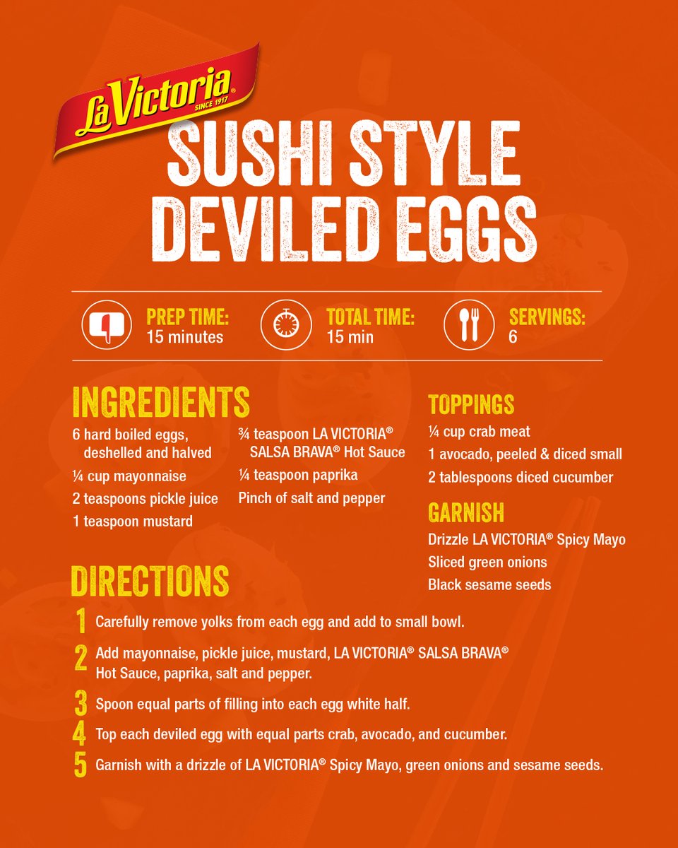 Elevate your deviled eggs game!🥚 These sushi-style bites with crab and a bold kick from LA VICTORIA® SALSA BRAVA® Hot Sauce are the perfect fusion twist!