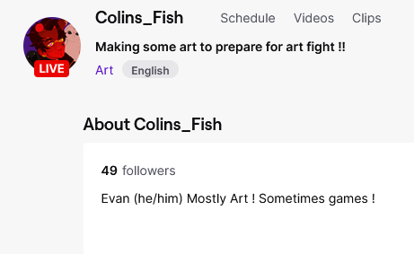 ClubColins_Fish's tweet photo. MY STREAMER IS ONE FOLLOW AWAY FROM AFFILIATE!!! Anybody wanna support a small artist and streamer?... :D https://t.co/uUqVrRkYck
