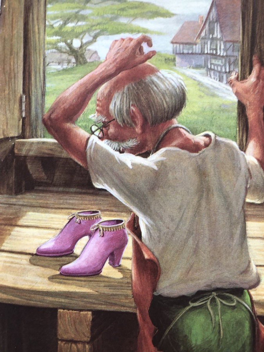 Ladybird book pictures on request. 
‘Elf-made shoes’
The Elves and the Shoemaker 
Artist: Robert Lumley