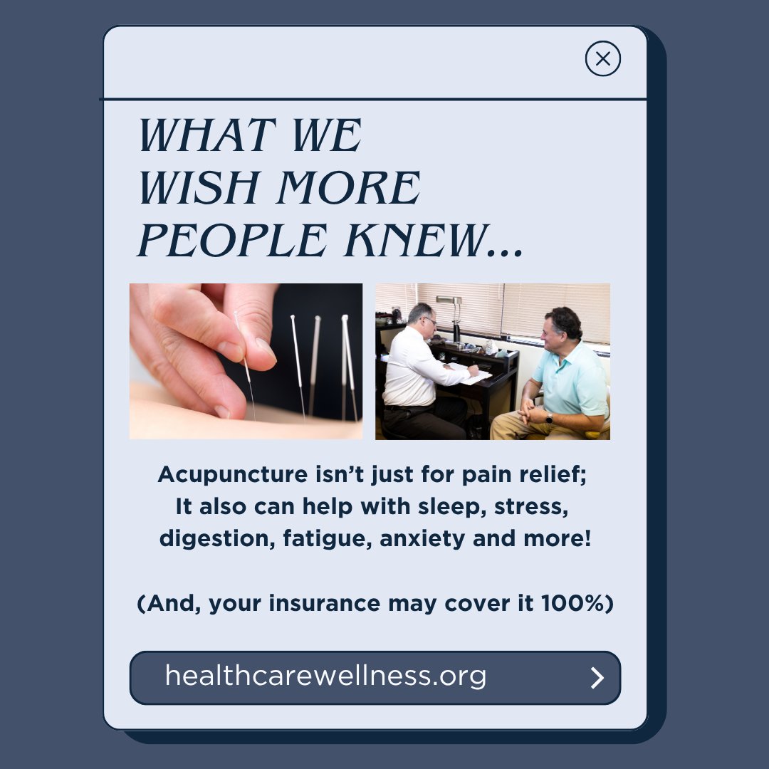HealthcenterLI's tweet photo. Acupuncture is not just about treating pain - it's about treating YOU! Curious? Call our office today!
-
And something else to note is that your visit may be covered by your insurance plan. If you have insurance, let us check for you. 

#insurance #acupuncture https://t.co/SbOqZk51sS