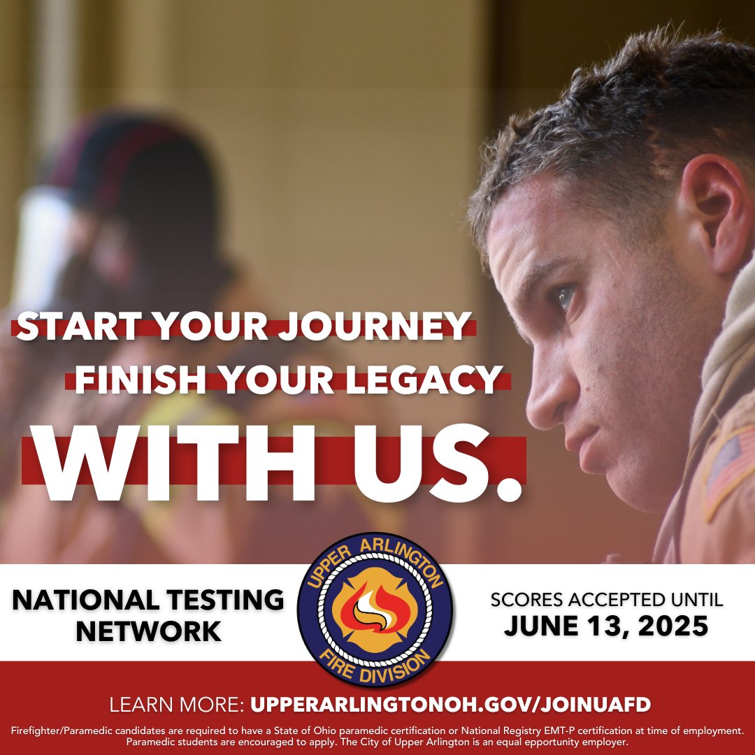 Time is running out! ⏰ Firefighter/Paramedic candidates have just two weeks left to submit National Testing Network scores to be considered for a position with the Upper Arlington Fire Division. 🔥 🚒 Are you ready to start your journey with us?

🔗 upperarlingtonoh.gov/JoinUAFD
