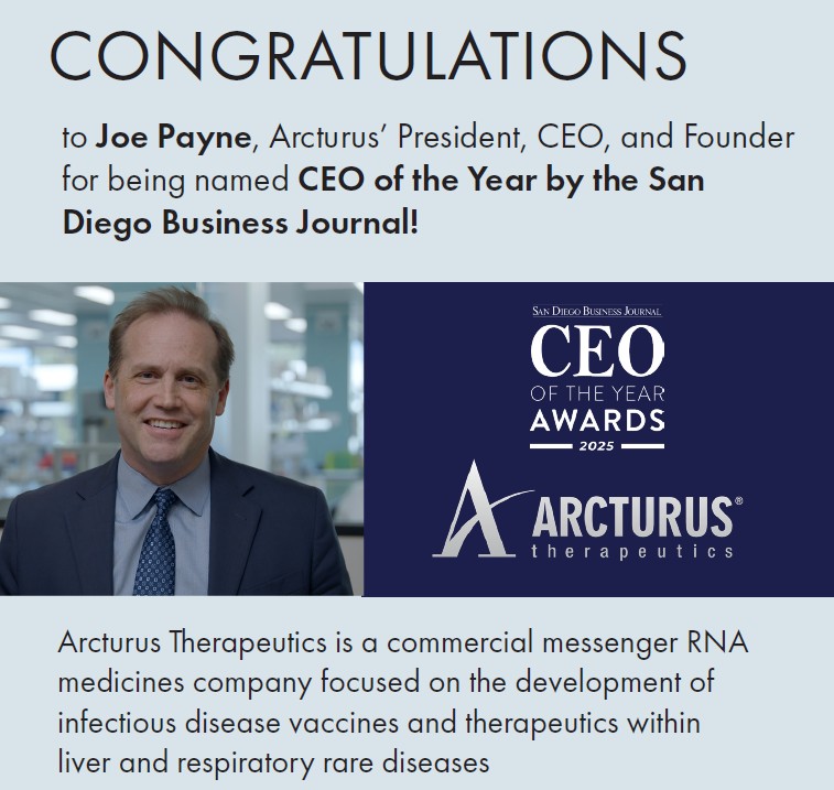 ArcturusRx's tweet photo. Congratulations to our CEO, Joe Payne, named CEO of the year by the @SDbusiness in the Public Medium-Sized Company category!
We're proud to see this recognition for his leadership.
#SDBJ #CEO #Leadership #SanDiegoCEO #mRNA #SDBiotech #TopLeader #mRNA #Arcturus https://t.co/If8WeQJMog