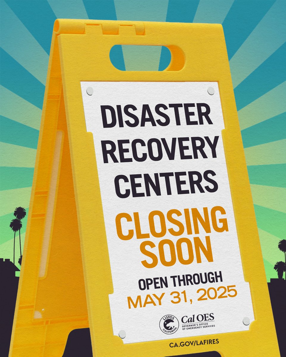 Listos California (@listosca) on Twitter photo The final day Disaster Recovery Centers (DRCs) in L.A. County will be open is Saturday, May 31!
Those impacted by the Eaton and Palisades fires can continue to receive essential services beginning Monday, June 2, at the following locations ⬇️ The final day Disaster Recovery Centers (DRCs) in L.A. County will be open is Saturday, May 31!
Those impacted by the Eaton and Palisades fires can continue to receive essential services beginning Monday, June 2, at the following locations ⬇️