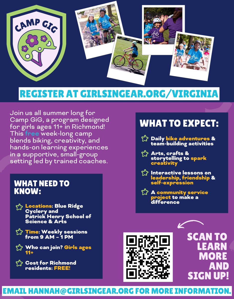 Our friends at Girls in Gear are offering a FREE biking adventure program for girls ages 11+ in Richmond! Explore local trails (including the Capital Trail), gain confidence, and develop resilience both on and off the bike!

Find a session near you 👉 girlsingear.org/virginia