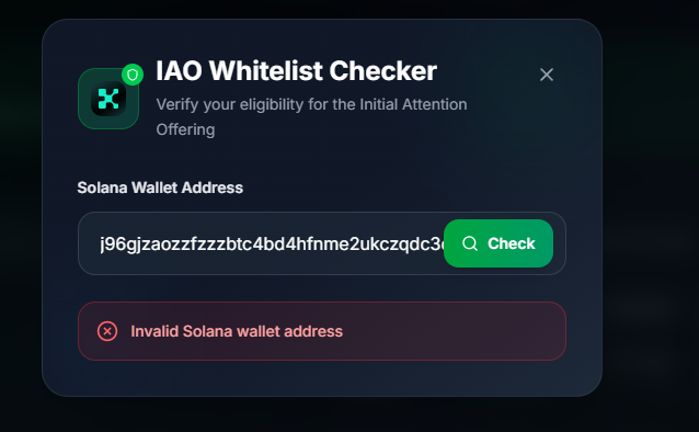 🚨 Facing an issue with <a href="/stayloudio/">Loud!</a> IAO Whitelist Checker

I submitted my correct Solana wallet for the IAO via the <a href="/kaito_ai/">☆ＡＩ☆</a>-powered site, but now it shows "Invalid wallet address" even though I meet all criteria.

Please look into this 🙏

cc: <a href="/0x_ultra/">ultra</a> <a href="/kaito_ai/">☆ＡＩ☆</a>

🧵👇