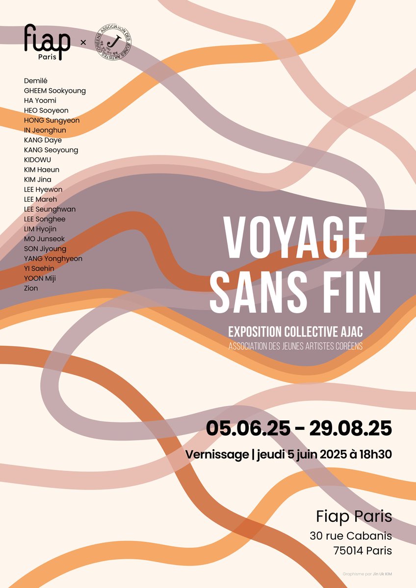 AJAC Group Exhibition, «Voyage sans fin» with the invitation of Fiap Paris

<Practical Information>
• June 5 – August 29, 2025, 10 AM – 8 PM, every day
• Fiap Paris (30 Rue Cabanis, 75014 Paris)

• Opening: Thursday, June 5, 6:30 PM
RSVP for the opening
forms.gle/EY5WBZrFuDJCyV…