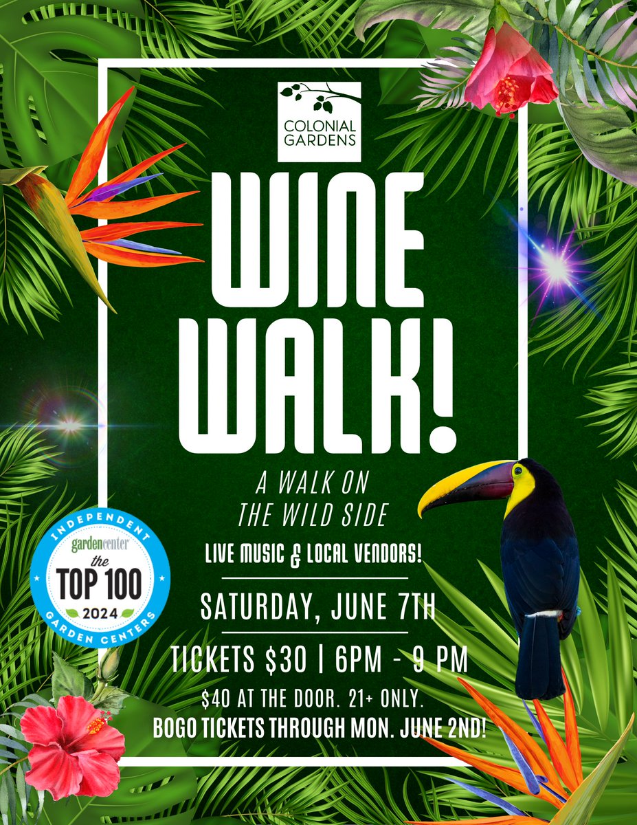 Colonial_Garden's tweet photo. Our annual Wine Walk is coming up! Talk a walk on the wild side with Colonial Gardens! Browse local vendors, enjoy jungle beats, and sip delicious exotic beverages as you explore our tropical oasis. Get tickets on Eventbrite: https://t.co/DNQX9B6gsF https://t.co/nzXKxn8vY7