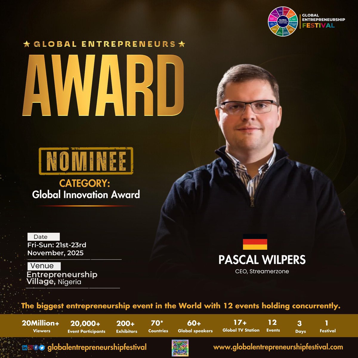 Pascal Wilpers (@pascalwilpers) on Twitter photo It’s been a wild ride since founding <a href="/Streamerzone_gg/">Streamerzone</a> and I’m beyond thrilled to be nominated for the Global Entrepreneurs Award.
Humbled to be recognized among such inspiring changemakers — can’t wait for what’s ahead at the Global Entrepreneurship Festival! 🙌 It’s been a wild ride since founding <a href="/Streamerzone_gg/">Streamerzone</a> and I’m beyond thrilled to be nominated for the Global Entrepreneurs Award.
Humbled to be recognized among such inspiring changemakers — can’t wait for what’s ahead at the Global Entrepreneurship Festival! 🙌