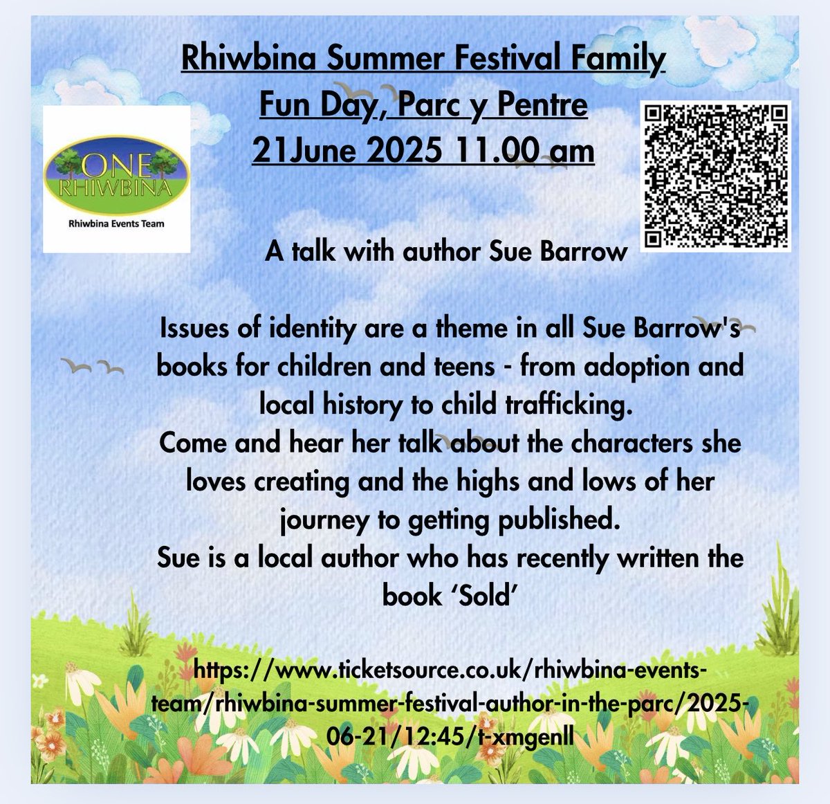 Sue Barrow will be talking at our summer festival in Rhiwbina this year. If you’re in the area, please come along. A free event about identity, and Sue’s journey to getting published. Tickets available on Ticket Source, using the link or the QR code.