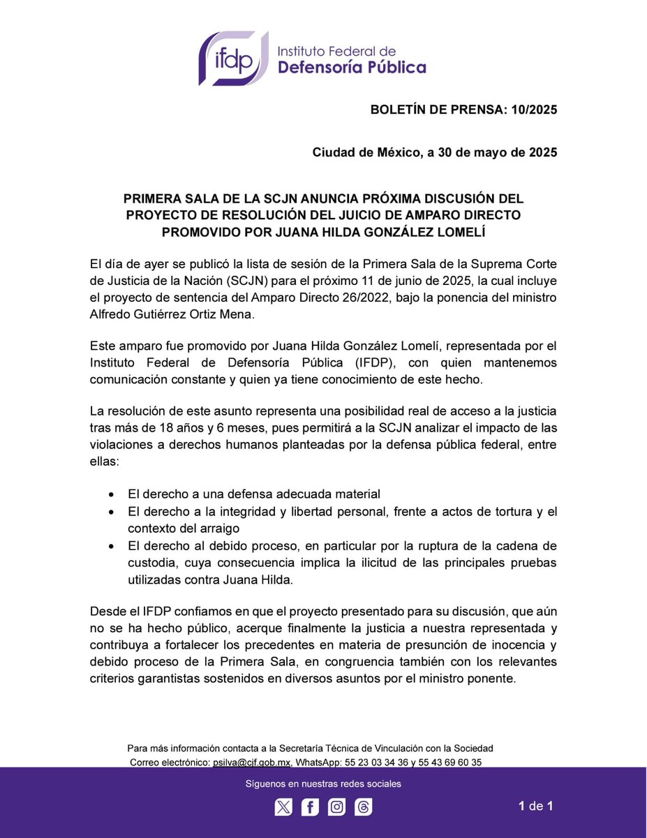 defensoriaifdp's tweet photo. 📢 Boletín de Prensa 10/2025
Primera Sala de la SCJN anuncia próxima discusión del proyecto de resolución del juicio de amparo directo promovido por Juana Hilda González Lomelí.
@SCJN
#IFDP #DefensaQueTeEscucha https://t.co/XurUykBE0E