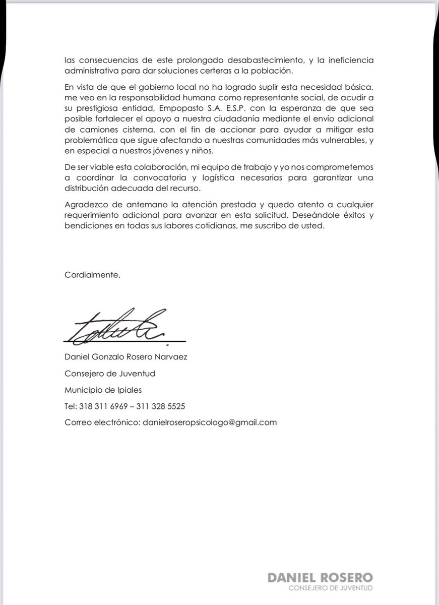 JUVENTUD DE IPIALES PIDE APOYO A EMPOPASTO POR FALTA DE AGUA 🚰
#Ipiales | Consejero de Juventud solicita a Empopasto envío urgente de carrotanques para barrios altos sin agua desde hace un año. 2.500 estudiantes afectados. Exigen acción ante ineficiencia local. #CrisisHídrica