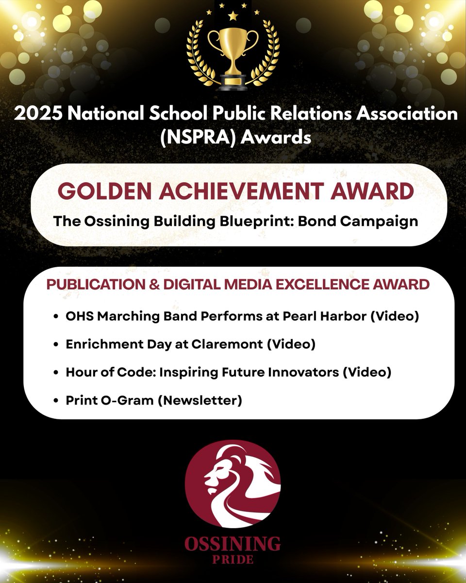 🏆 We're proud to share that we have been honored with several awards from the National School Public Relations Association (NSPRA)! 

A big thank you to <a href="/SWBOCES/">SWBOCES</a> and <a href="/OssiningTV/">Ossining Media</a> for continued collaboration on these impactful projects that help tell the story of our schools!