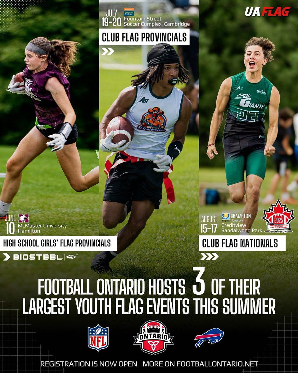 Football Ontario is proud to announce three premier flag football events set to take place across the province this summer!

Registration is now live for both Provincials and Nationals!

More/Register: footballontario.net/2025/05/30/foo…

#WeAreFootballOntario