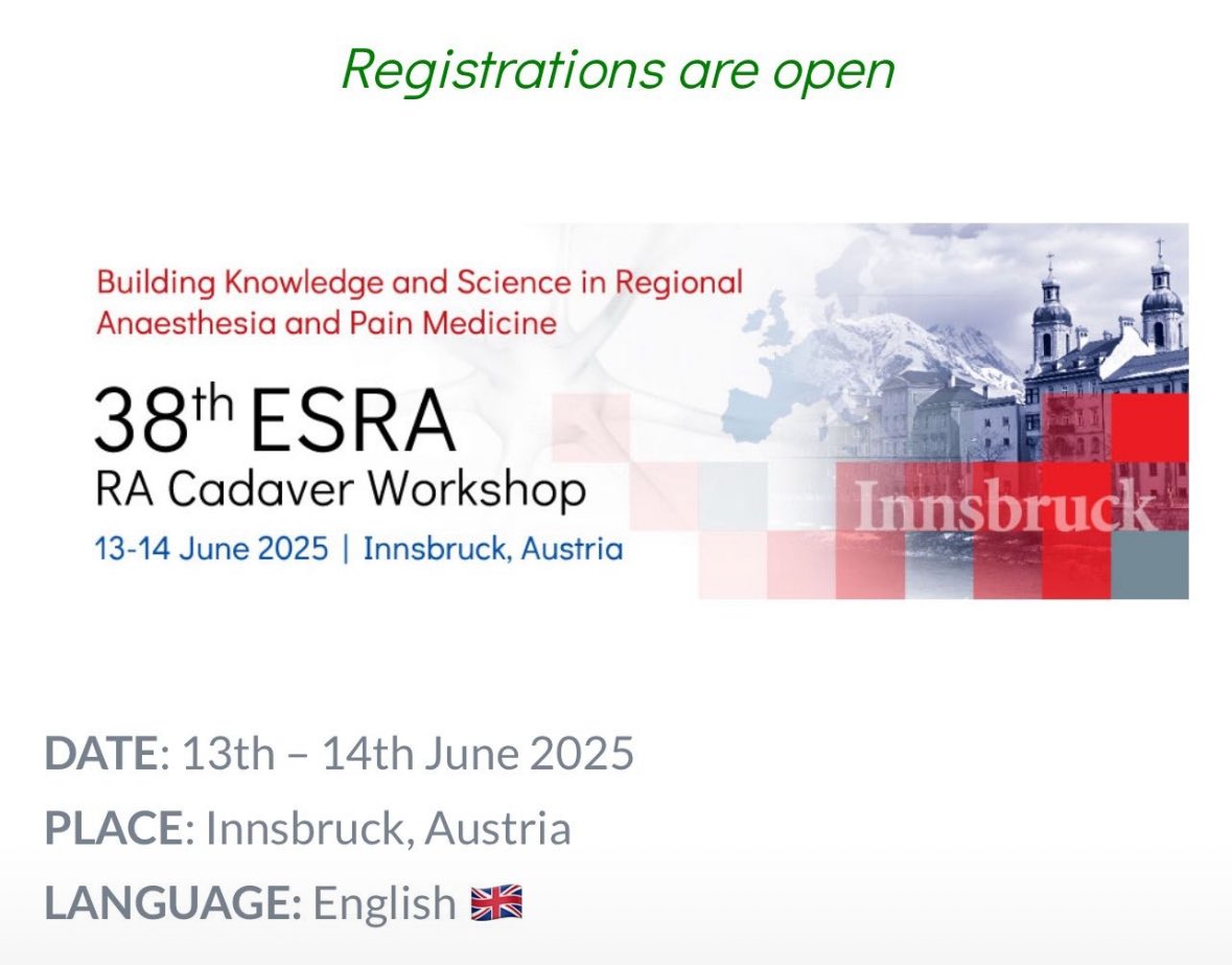Peter Merjavy ๐บ๐ฆ ๎จ (@petermerjavy) on Twitter photo Last few places still available for <a href="/ESRA_Society/">ESRA | European Society of Regional Anaesthesia</a> cadaveric workshop accredited for ESRA-DRA Part II B exam. Book now โ
Last few places still available for <a href="/ESRA_Society/">ESRA | European Society of Regional Anaesthesia</a> cadaveric workshop accredited for ESRA-DRA Part II B exam. Book now โ
