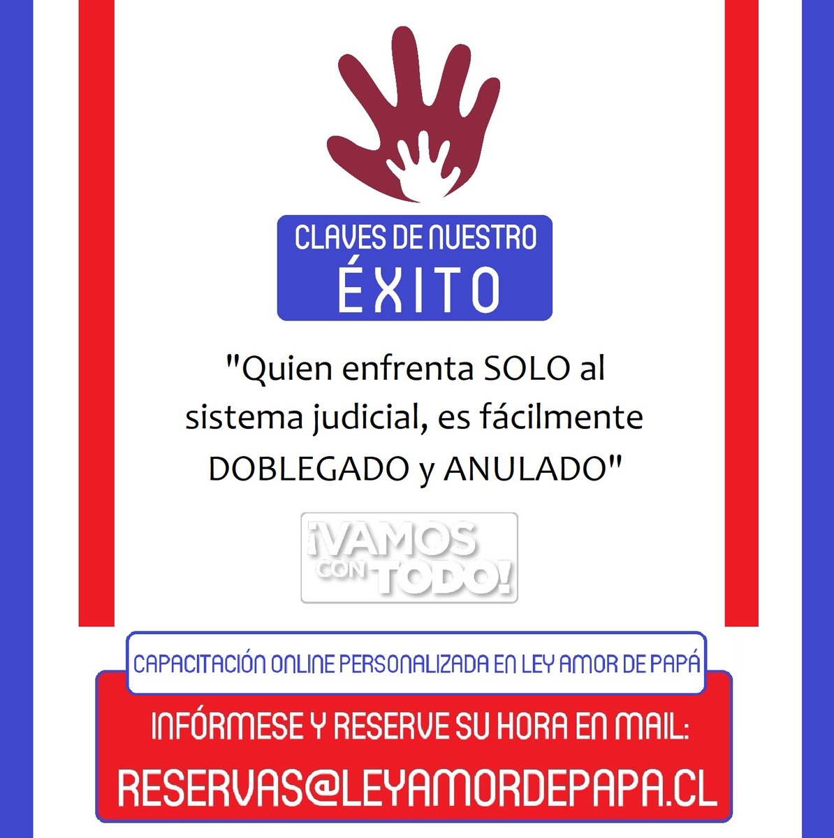 Defensor del Niño (@defensorninocl) on Twitter photo SABEMOS, por eso ¡VAMOS CON TODO EN LA DEFENSA DE LOS DERECHOS DE QUIENES MÁS AMAMOS!
Sólo de Ud. depende ACCIONAR CORRECTA Y OPORTUNAMENTE para NO FALLARLE a quien MÁS AMA
INFÓRMESE/INSCRÍBASE escribiendo a reservas@leyamordepapa.cl
<a href="/AmordePapa/">Amor de Papá</a>
amordepapa.org SABEMOS, por eso ¡VAMOS CON TODO EN LA DEFENSA DE LOS DERECHOS DE QUIENES MÁS AMAMOS!
Sólo de Ud. depende ACCIONAR CORRECTA Y OPORTUNAMENTE para NO FALLARLE a quien MÁS AMA
INFÓRMESE/INSCRÍBASE escribiendo a reservas@leyamordepapa.cl
<a href="/AmordePapa/">Amor de Papá</a>
amordepapa.org