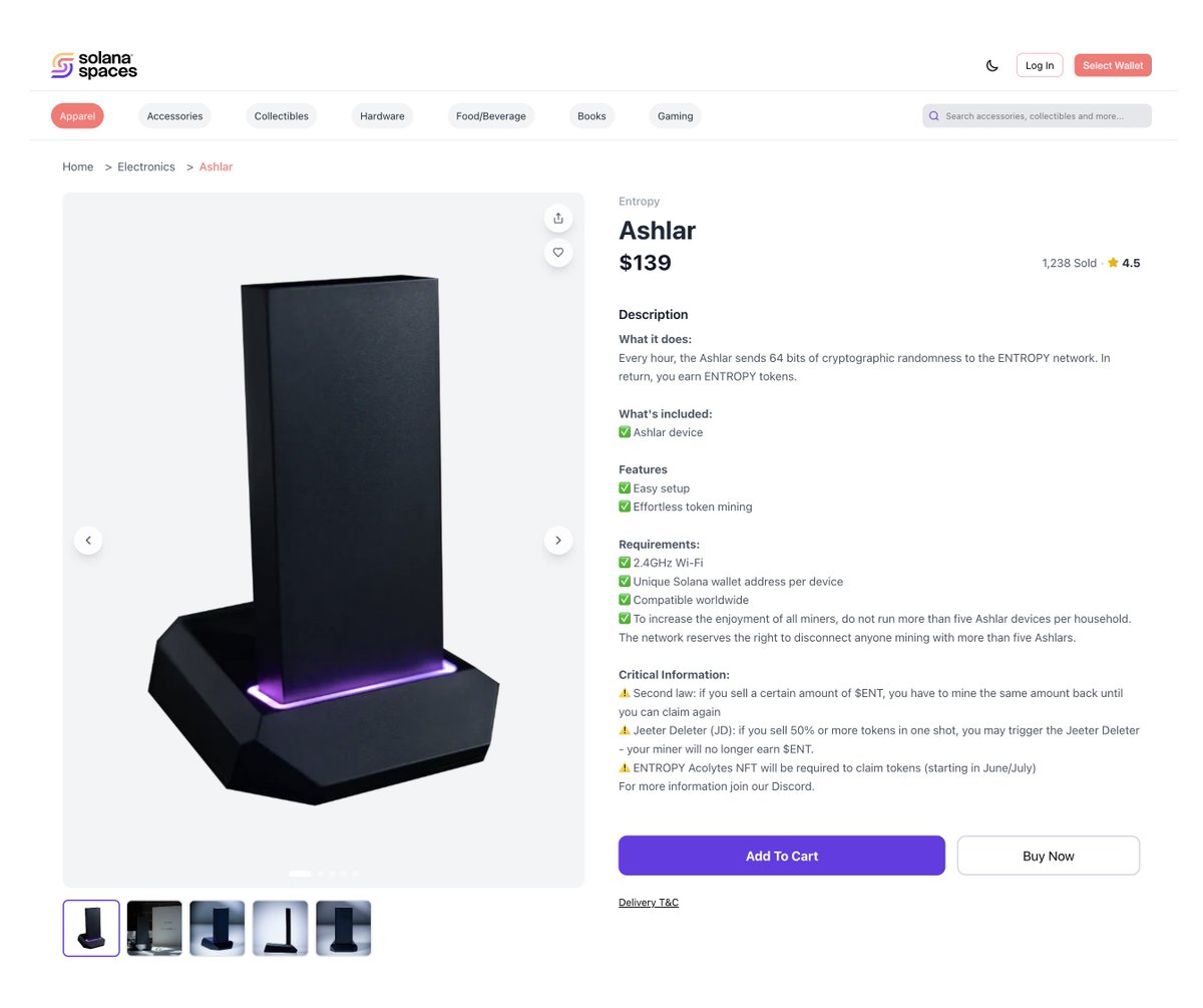One place to shop everything from the @Solana community, from apparel to hardware.

E-commerce coming soon <a href="/solana/">Solana</a>spaces with holder discounts, rewards, etc.