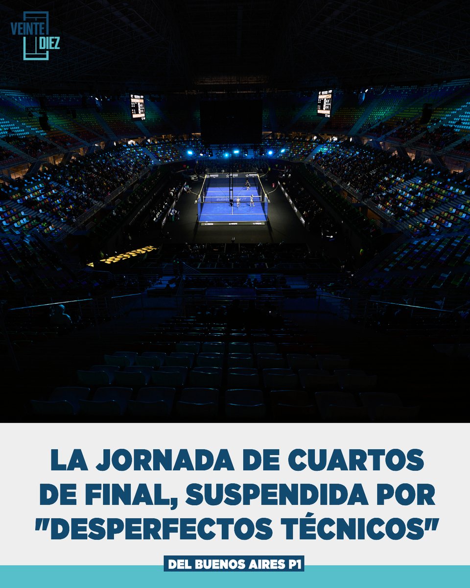 VeinteDiez's tweet photo. 🚨🇦🇷 La jornada de cuartos de final del Buenos Aires P1 ha sido suspendida. La decisión se tomó debido a un desperfecto técnico en el cristal de la cancha del Court Central cuando se disputaba el partido de Tello-Di Nenno vs. Galán-Chingotto.

La suspensión fue anunciada al público a través del sistema de sonido y las pantallas del estadio.

Estamos a la espera de más información sobre reprogramación, entradas, etcétera.