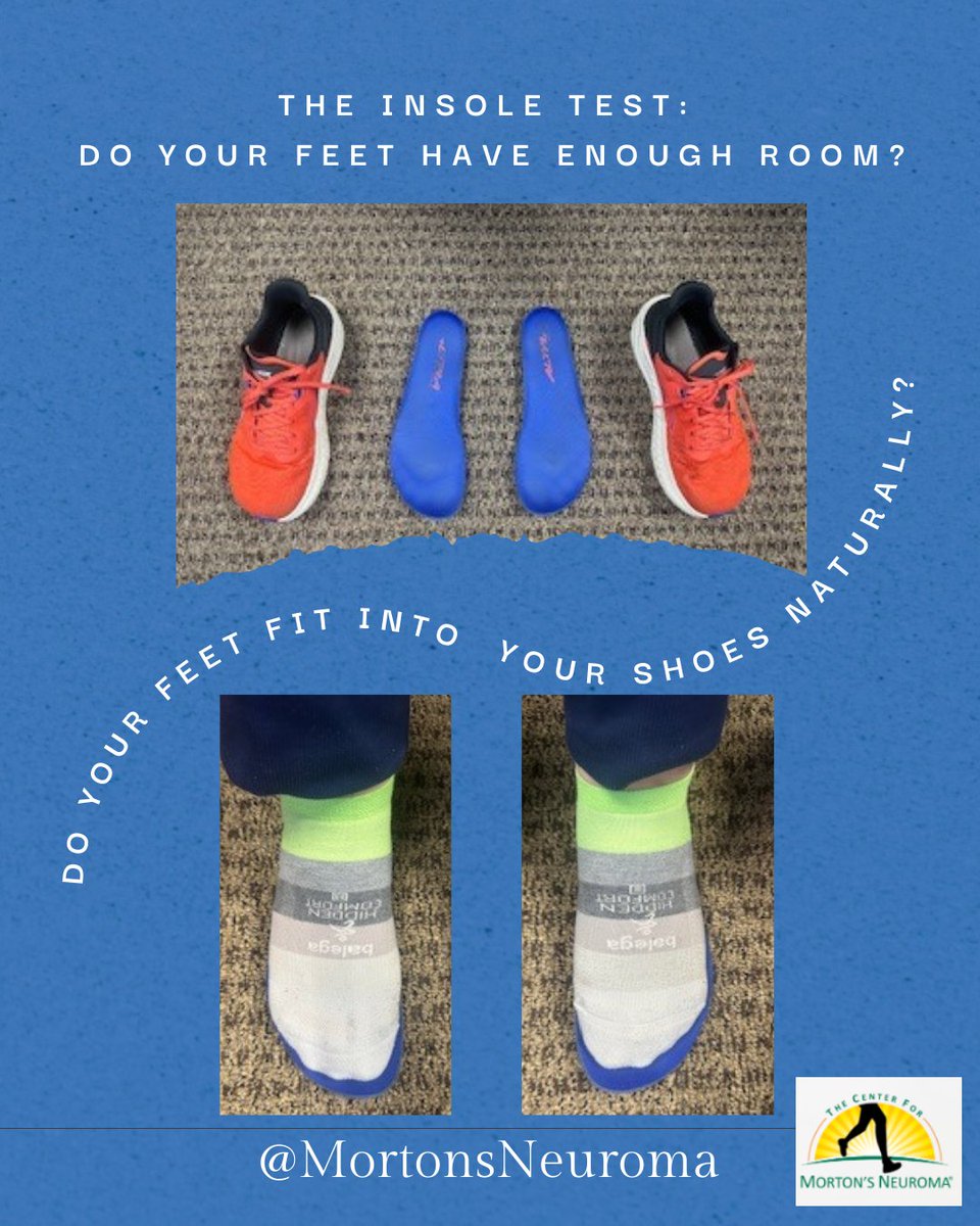 MortonsNeuroma's tweet photo. "The Insole Test" - If you suffer from forefoot pain including a Morton's Neuroma, this is a simple way to see if your feet TRULY fit into your shoes properly. Here at The Center for Morton's Neuroma, we recommend shoes that have a wide toe box allowing your toes to be able to move naturally.  If the balls of your feet or toes splay over the edges of your insole, your shoe's toe box is too narrow and is causing harm.  Reply with your photos of your insole test!  #insoletest #mortonsneuroma #footpain @elitefeetdpm @janetpearl75 @ALTRArunning #regenerativemedicine #TheElsaProcedure