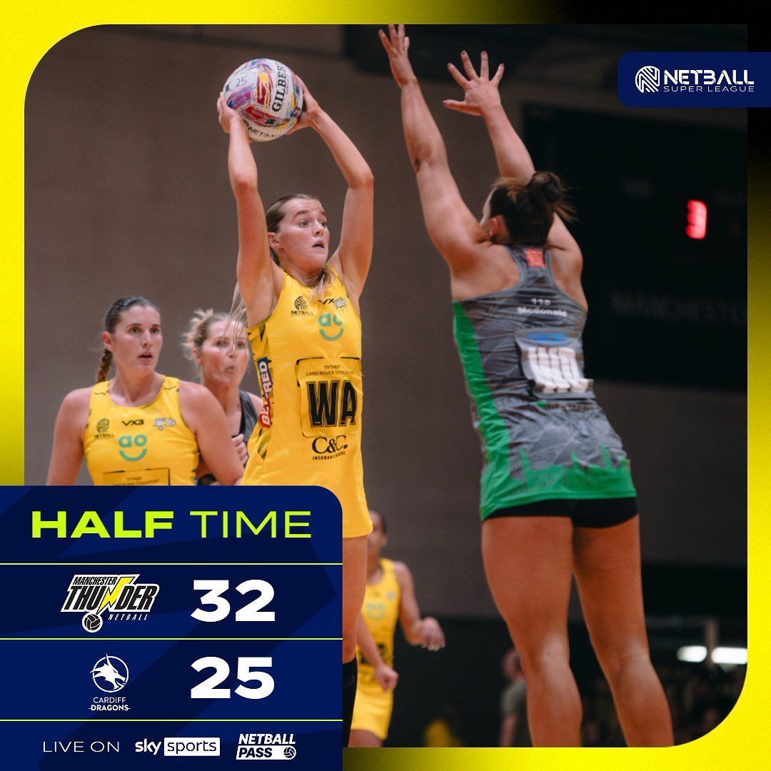 Manchester Thunder (@thundernetball) on Twitter photo An electric first half sees Manchester Thunder take the lead over <a href="/cardiffdragons_/">LexisNexis Cardiff Dragons</a> 🤩
#NSL2025 An electric first half sees Manchester Thunder take the lead over <a href="/cardiffdragons_/">LexisNexis Cardiff Dragons</a> 🤩
#NSL2025