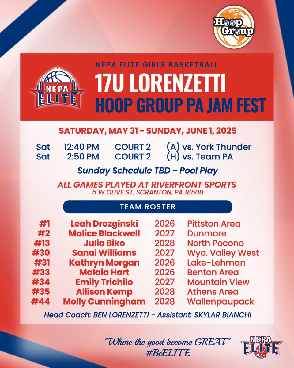 NEPA Elite Basketball (@nepa_elite) on Twitter photo 17U Lorenzetti | PA Jam Fest
📍 Scranton, Pa.
📆 May 31-June 1
👥 <a href="/hgsl_girls/">Hoop Group Girls</a>
Weekend schedule & roster drop ⬇️
Let’s get to work!
<a href="/maliceblackwell/">Malice Blackwell</a> <a href="/juliabiko/">Julia Biko</a>
#BeELITE 🤝 #LivePeriod 17U Lorenzetti | PA Jam Fest
📍 Scranton, Pa.
📆 May 31-June 1
👥 <a href="/hgsl_girls/">Hoop Group Girls</a>
Weekend schedule & roster drop ⬇️
Let’s get to work!
<a href="/maliceblackwell/">Malice Blackwell</a> <a href="/juliabiko/">Julia Biko</a>
#BeELITE 🤝 #LivePeriod