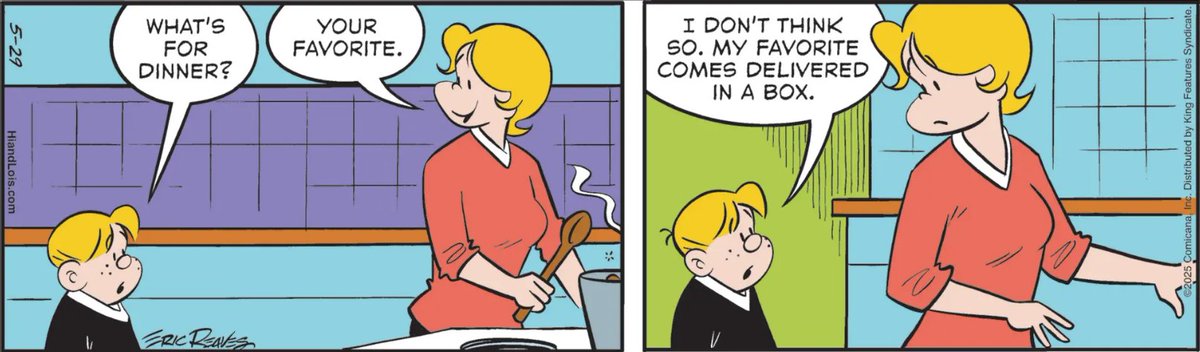 When 'home-cooked' just can’t compete with the allure of takeout boxes 😂
Hi and Lois 5-29-2025 
comicskingdom.com/hi-and-lois/20…
#comic #comedy #family #comicskingdom
