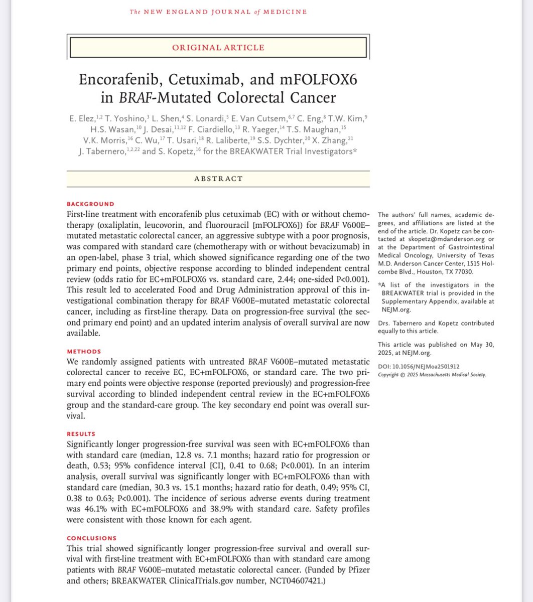 Erman Akkus (@erman_akkus) on Twitter photo 📢1L Encorafenib, Cetuximab, and mFOLFOX6 in BRAF-Mut mCRC
BREAKWATER
<a href="/NEJM/">NEJM</a> #ASCO25
✅EC+mFOLFOX6 vs SoC
mOS: 30.3 vs 15.1 months
HR: 0.49 (0.38 to 0.63) P<0.001 😮
👉nejm.org/doi/full/10.10…
<a href="/OncoAlert/">OncoAlert</a> <a href="/MedicalwatchFTW/">Medical.watch</a> <a href="/realbowtiedoc/">Dr Joseph McCollom DO</a> #cancer #oncology #MedX #CRC 📢1L Encorafenib, Cetuximab, and mFOLFOX6 in BRAF-Mut mCRC
BREAKWATER
<a href="/NEJM/">NEJM</a> #ASCO25
✅EC+mFOLFOX6 vs SoC
mOS: 30.3 vs 15.1 months
HR: 0.49 (0.38 to 0.63) P<0.001 😮
👉nejm.org/doi/full/10.10…
<a href="/OncoAlert/">OncoAlert</a> <a href="/MedicalwatchFTW/">Medical.watch</a> <a href="/realbowtiedoc/">Dr Joseph McCollom DO</a> #cancer #oncology #MedX #CRC