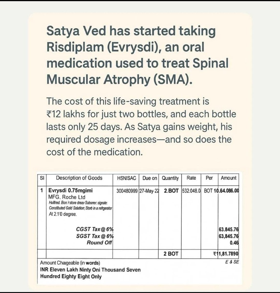 svenky569's tweet photo. 🙏Requesting urgent help🙏 @PMOIndia @TelanganaCMO @naralokesh @AndhraPradeshCM @PawanKalyan @ncbn @narendramodi
My brother’s 9-month-old baby Satya Ved is fighting SMA Type 2, a rare genetic disease. His only hope is Zolgensma (₹9 Cr). We are helpless.
Please help us save life https://t.co/69dejWRaDC