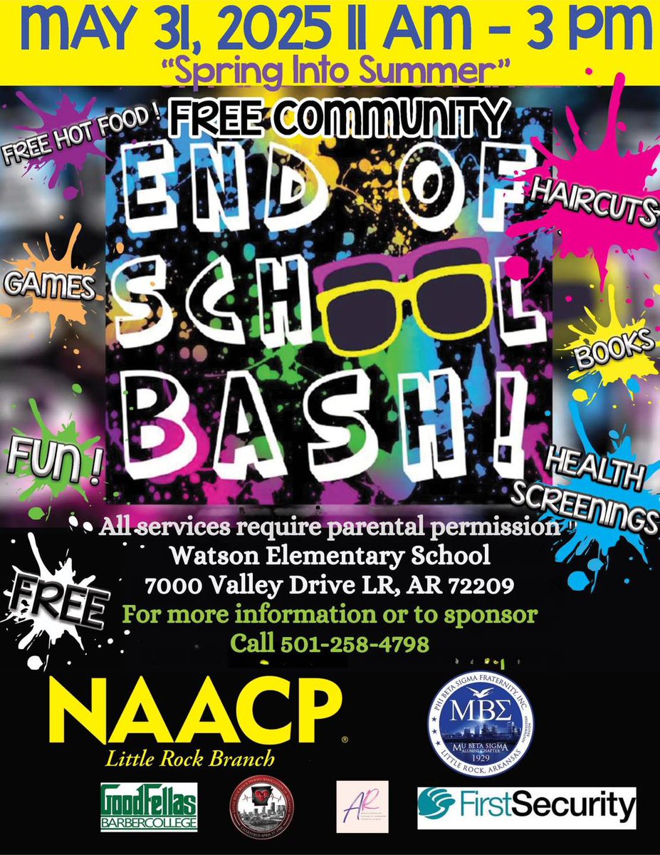 Little Rock School District (@lrsd) on Twitter photo ๐ School is out and summer fun is in! Families are invited to a FREE Community End of School Bash tomorrow, May 31, from 11 AM โ 3 PM at <a href="/WatsonLRSD/">Watson Elementary-LRSD</a>. Enjoy free food, books, haircuts, games, and more. โ๏ธ #ReimaginingLRSD ๐ School is out and summer fun is in! Families are invited to a FREE Community End of School Bash tomorrow, May 31, from 11 AM โ 3 PM at <a href="/WatsonLRSD/">Watson Elementary-LRSD</a>. Enjoy free food, books, haircuts, games, and more. โ๏ธ #ReimaginingLRSD