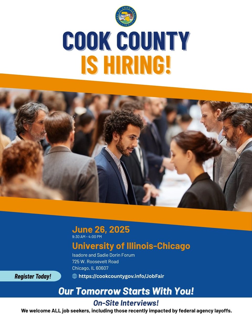 Looking for your next career move? Cook County Job Fair 
📅June 26 | ⏰9:30 AM–4 PM
✅ On-the-spot interviews 
💼Jobs across county government 
🔗Register Today: cookcountygov.info/JobFair