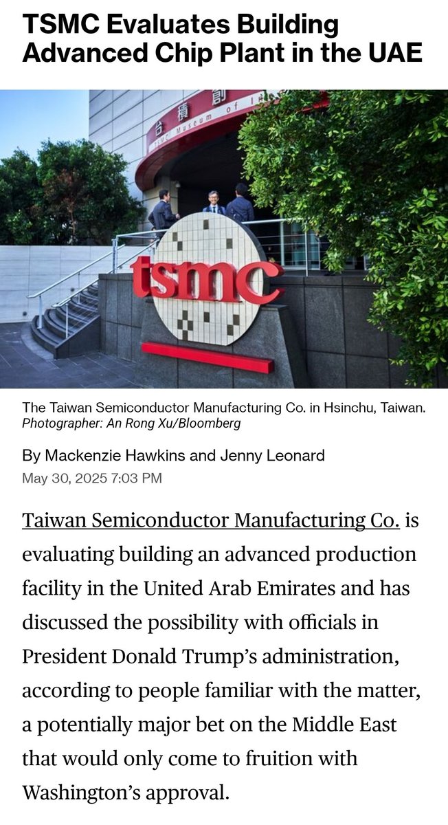 TSMC, Arizona'daki Gigafab yatırımı benzeri 5 fabrikadan oluşan bir çip üretim kompleksi yatırımını BAE'ye yapmayı planlıyor. 

BAE gibi ülkeler bugün bu tür nitelikli yabancı doğrudan yatırımları çekebilmek için 10-15 yıl önce ekonomilerini bu yatırımlara uygun hale getirme