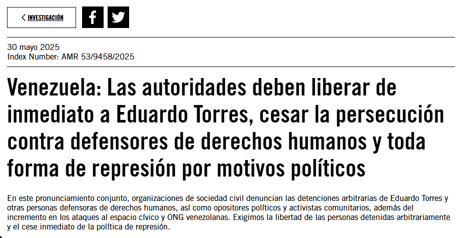 🚨 #Venezuela: Organizaciones internacionales de sociedad civil expresamos nuestra solidaridad con las ONG y personas defensoras venezolanas, exigimos la libertad de quienes están detenidas arbitrariamente, y llamamos a que cese la política de represión.

amn.st/6005NfW2Z