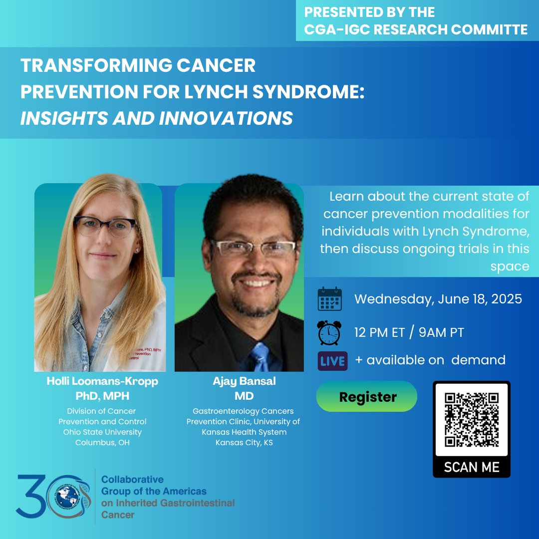 CGA-IGC (@cgaigc) on Twitter photo 📢Join us for an informative webinar on the advancements in #cancer prevention for individuals with #LynchSyndrome.
📅 Wednesday, June 18th
🕛 12 PM ET / 9 AM PT
➡️Register here 👉tinyurl.com/e5t7krtt
Expert speakers Holli Loomans-Kropp, PhD, MPH, & <a href="/AjayBansal_KUMC/">Ajay Bansal</a> , MD, 📢Join us for an informative webinar on the advancements in #cancer prevention for individuals with #LynchSyndrome.
📅 Wednesday, June 18th
🕛 12 PM ET / 9 AM PT
➡️Register here 👉tinyurl.com/e5t7krtt
Expert speakers Holli Loomans-Kropp, PhD, MPH, & <a href="/AjayBansal_KUMC/">Ajay Bansal</a> , MD,