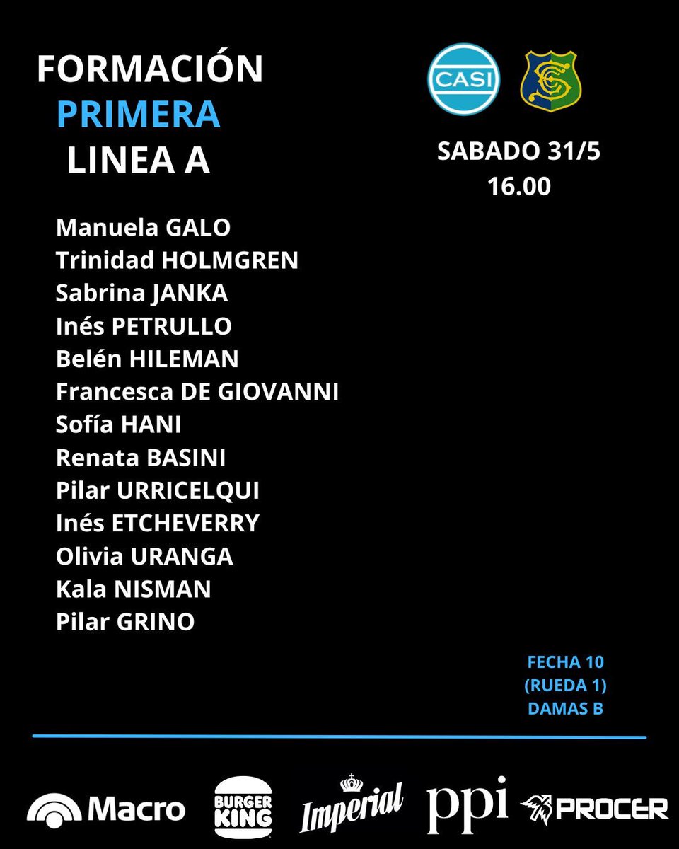 CASI_OK's tweet photo. Estas son las formaciones de las líneas #A y #B para la 10ª fecha de la #primera rueda del torneo de @hockeybuenosaires #VamosCASI ⚪️⚫️⚪️ https://t.co/Uexo1bLT2l